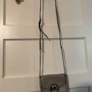Michael Kors Grey Leather MK Logo Chain-Detail Crossbody